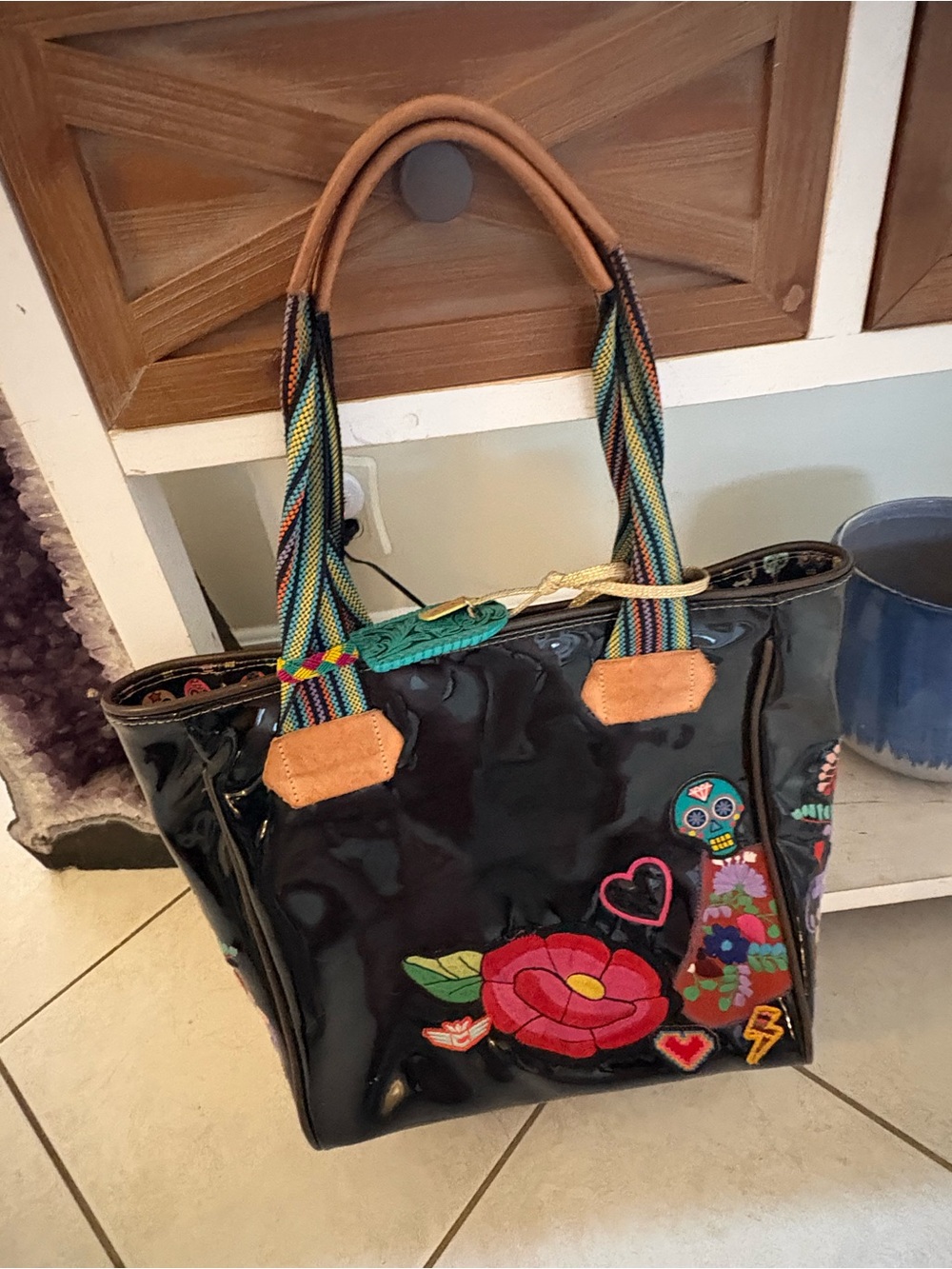 Consuela Black Patent Floral-Embroidered Tote with Colorful Striped Handles